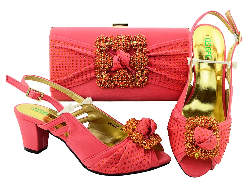 African aso ebi wedding party low heel shoes with clutches bag matching set coral color fashion