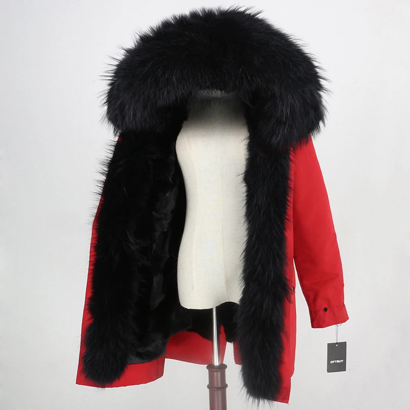 Пальто из натурального меха норки, брендовая Водонепроницаемая длинная парка, верхняя одежда, зимняя куртка для женщин, воротник из натурального меха енота, роскошная теплая уличная одежда - Цвет: red black