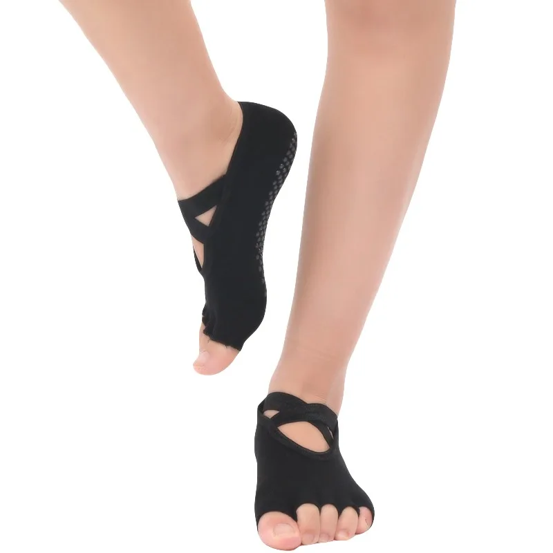 Женские носки для йоги, противоскользящие, с пятью пальцами, с открытой спиной, с перекрещивающимися ремешками, силиконовые, Нескользящие, без пальцев, носки для балета, спортзала, фитнеса, спорта, хлопок