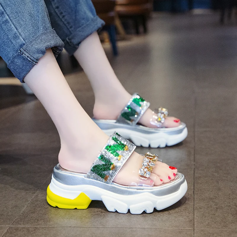 

Women's Slippers 2019 Platform Woman Shoes Luxury Bling Bling On A Wedge Med Slides Jelly Flip Flops New Designer Soft