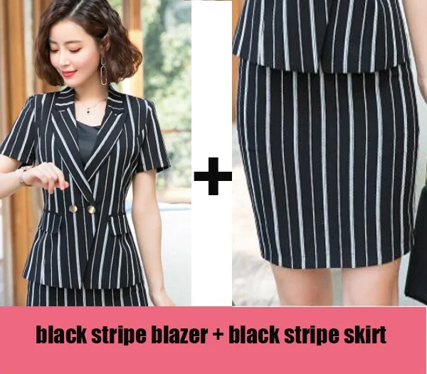 blazer and skirt Классические полосы Блейзер юбка костюм женский Офис Единая Дизайн Женщины деловой костюм платье с коротким рукавом куртка костюмы с юбкой - Цвет: blazer and skirt