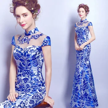 blue and white porcelain dress chinese oriental with lace wedding cheongsam modern designer traditional dresses women qipao