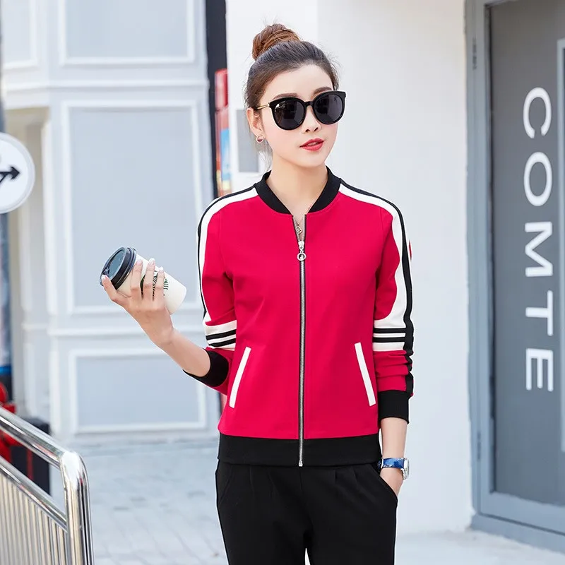 Женский спортивный костюм из двух частей, спортивный костюм для бега на открытом воздухе, Женская Полосатая спортивная куртка-бомбер, длинные штаны, набор для фитнеса и бега - Цвет: red