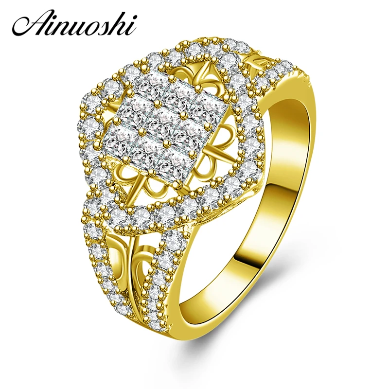 

AINUOSHI 10K Solid Yellow Gold Wedding Band Shinning 2 Rows Drill Square Cluster Ring Luxury Engagement Jewelry for Women Male