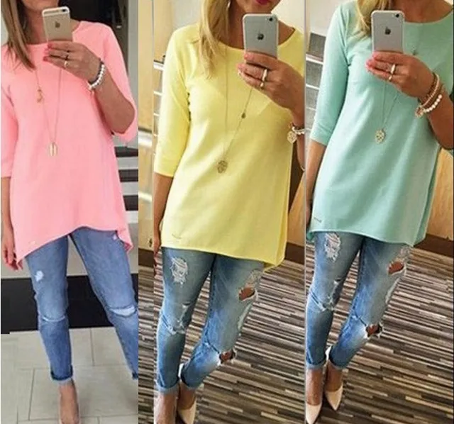 Yellow Light Blue Green Orange Red Pink Irregular Women Top 3 4 Yellow Light Blue Green Orange Red Pink Irregular Women Top 3 4 Sleeve T