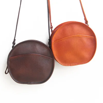 

small round genunie leather shoulder bag mini unique circular crossbody bag female vintage first layer cowhide messenger bag