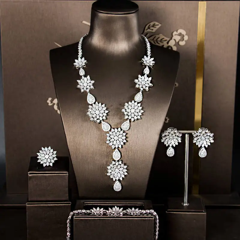 

Luxury brilliant cubic zirconia Clear zirconia flower and cirrus fashion style wedding bridal earring necklace jewelry set