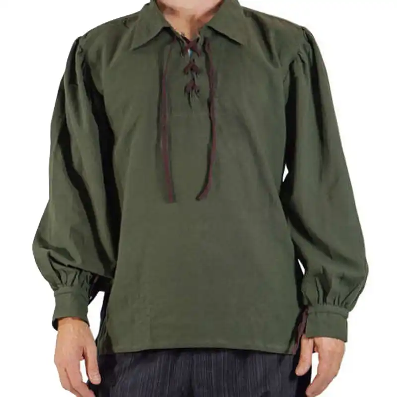 多色男性中世ルネサンスバイキングコスプレ衣装トップチュニックチューダーひもスタンド襟包帯ハイランダーシャツ Aliexpress