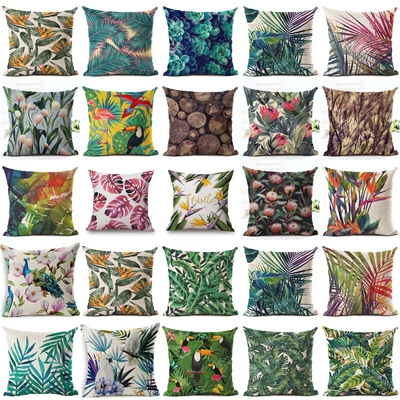 الاستوائية غطاء الوسادة الطيور الطباعة الكتان رمي الوسائد حالة سيارة غطاء أريكة الزخرفية المخدة decorativos cojines 45x45 سنتيمتر