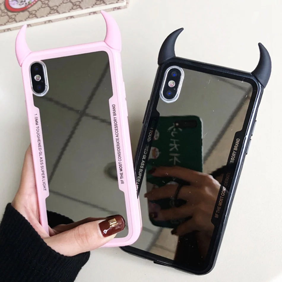 Luxury Mirror Phone Case For iPhone 7 6 6s 5 8 Plus Cute 3D Devil Horn