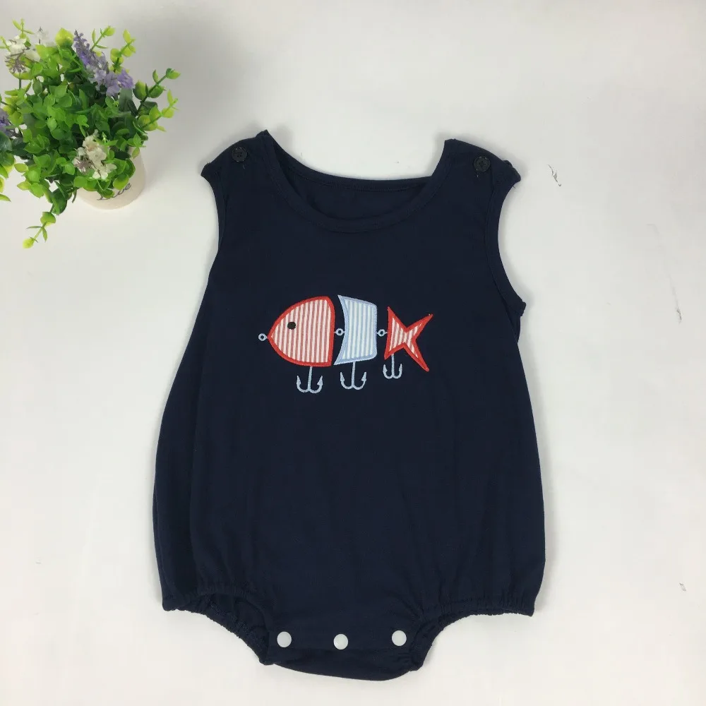 

Puresun Baby Boy Girl Summer Clothes Bubble Embroidery Navy Blue Newborn Cotton Fish Boutique Clothes Baby Romper