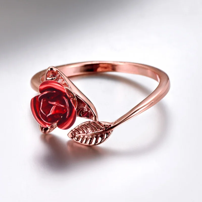 Party Favors Red Rose Garden Flower Leaves Resizable Finger Rings Women Valentine's Day Lover Wedding Decor Gift Jewelry Party
