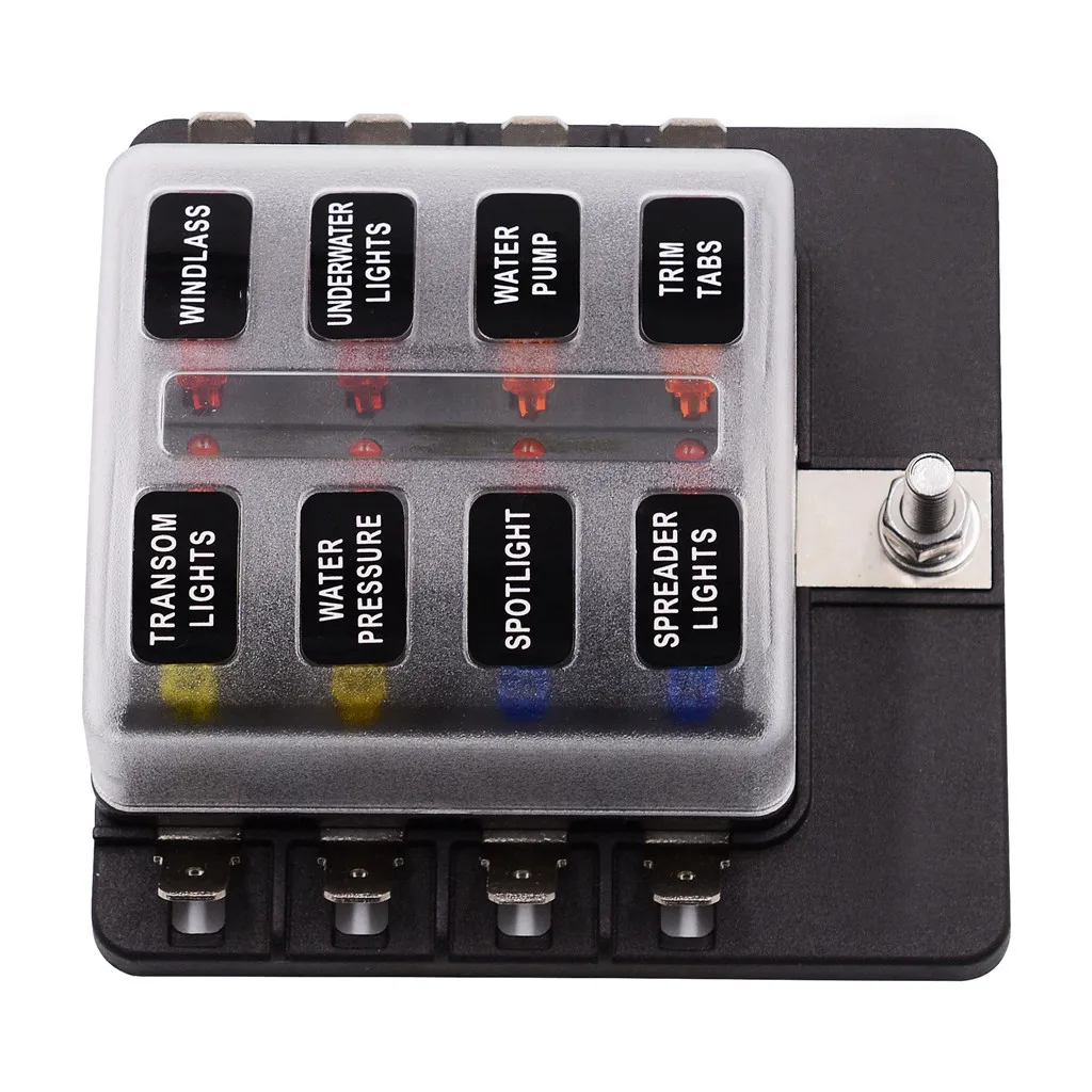 

1 Input And 8 Output Fuse Box With LED Indicator PC Terminal Block PBT body PC waterproof dust cover nickel-plated#701Y20
