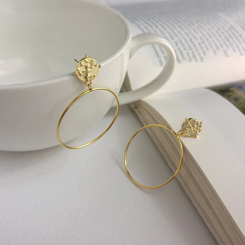 

New Ethnic Gold Big Round Drop Rings 925 Sterling Silver Hanging Big Circle Portrait Earrings Women Exaggerated Luxury Jewellery