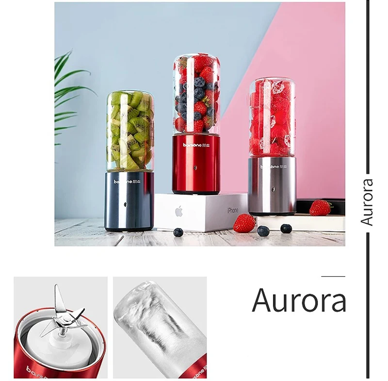 Мини Aurora Материал фрукты соковыжималка машина 7,4 V Smoothie блендер Портативный USB Batidora De ВАСО с дополнительной Стекло чашки выберите