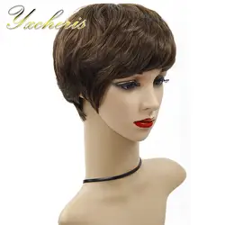 YXCHERISHAIR Короткие вьющиеся Искусственные парики для черный для женщин темно коричневый машина сделано термостойкие волнистые косплэй