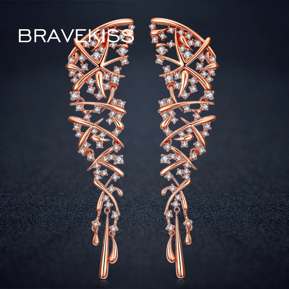 BRAVEKISS длинные висячие серьги из розового золота широкие большие подвески со