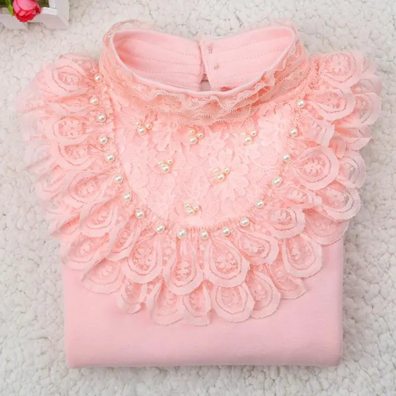 Новая кружевная верхняя одежда и блузки с бабочкой и длинными рукавами весна осень зима для старших девочек школьная блузка для девочек рубашка для детей детские рубашки JW0477 - Цвет: pearls lace pink