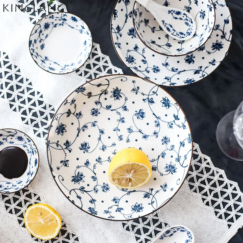 

Japanese Ceramic Tableware Under Glaze Color Plates Dishes Procelain Round Salad Saucer Dishes Rice Soup Bowls