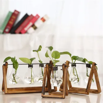 

Nordic Home Decoration Store Coffee Shop Solid Wood with Bulb water Plant Inserted Wood Flower Pot Home Decor