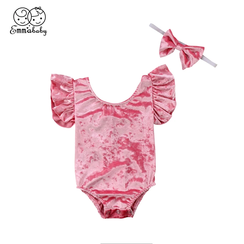 Emmababy Cute Newborn Kids Baby Girl velvet pink bodysuit girls back