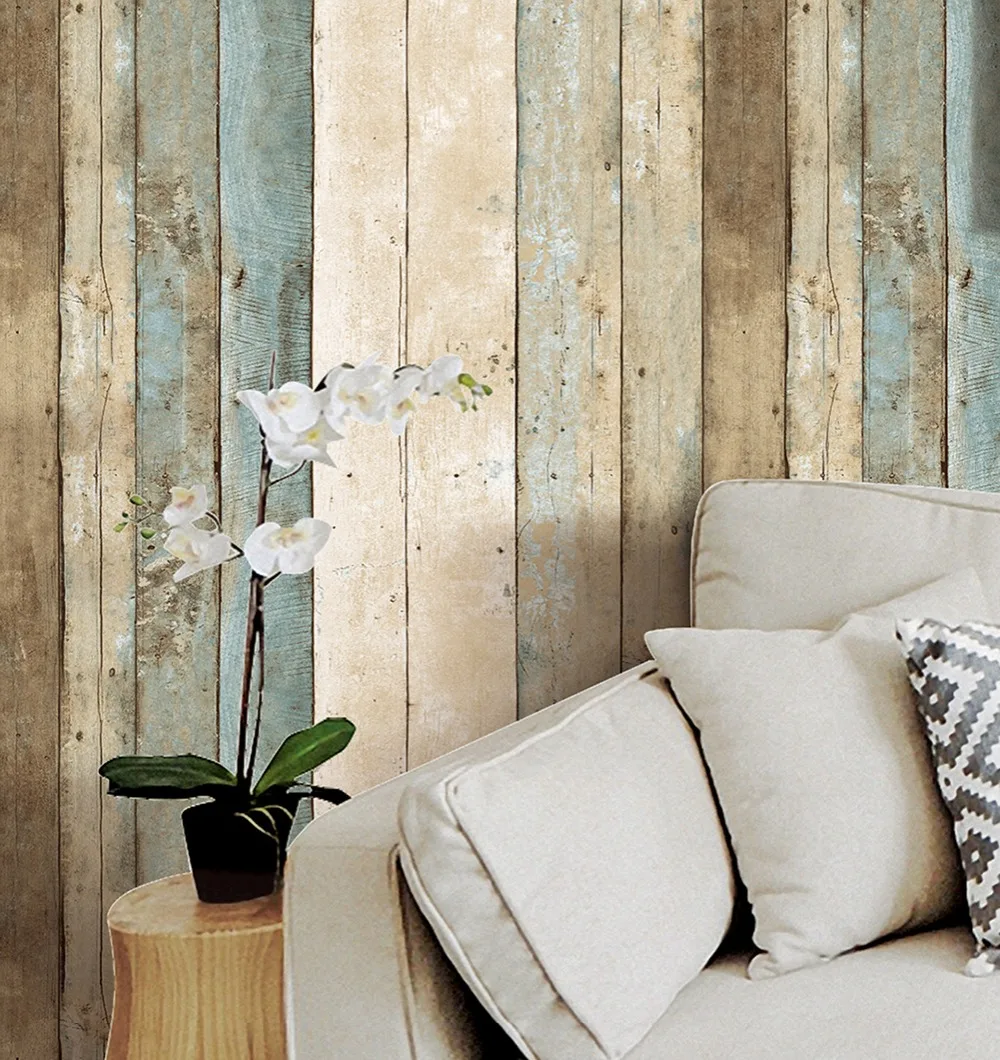 HaokHome Vintage Wood Wallpaper Rolls Blue/Beige/Brown Wooden Plank