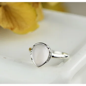 

Real Pure 925 Silver Ring inlaid Natural Rose Quartz Water Drop Shape Womens Rings Natural Stone Opening Type Fine Jewellery