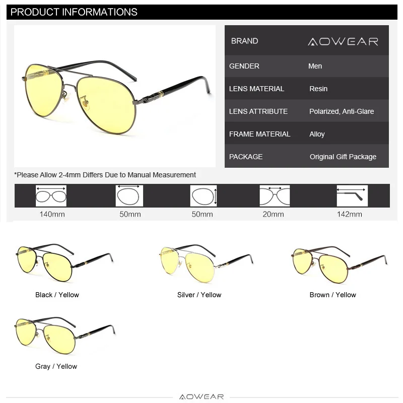 AOWEAR HD Night Vision Glasses Man Polarized Yellow Night Driving Aviation Sunglasses Brand Designer Car Driver Goggles Eyewear