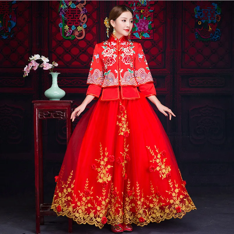 

2019 China Vintage Tang Chinese Traditional Embroidered Bride Show Wo Clothes Peony Long Skirt Floor Length Red Wedding Dress