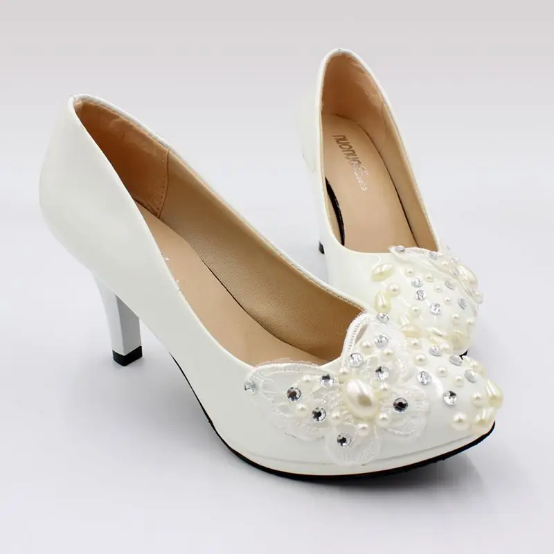 8cm High Heels Shoes Woman Ivory Pearls Sweet Lace Butterfly Designer ...