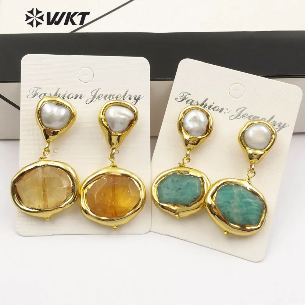 

WT-E481 Wholesale small natural stone earrings round gold decoration with pearls embellished multi-color optional female earring