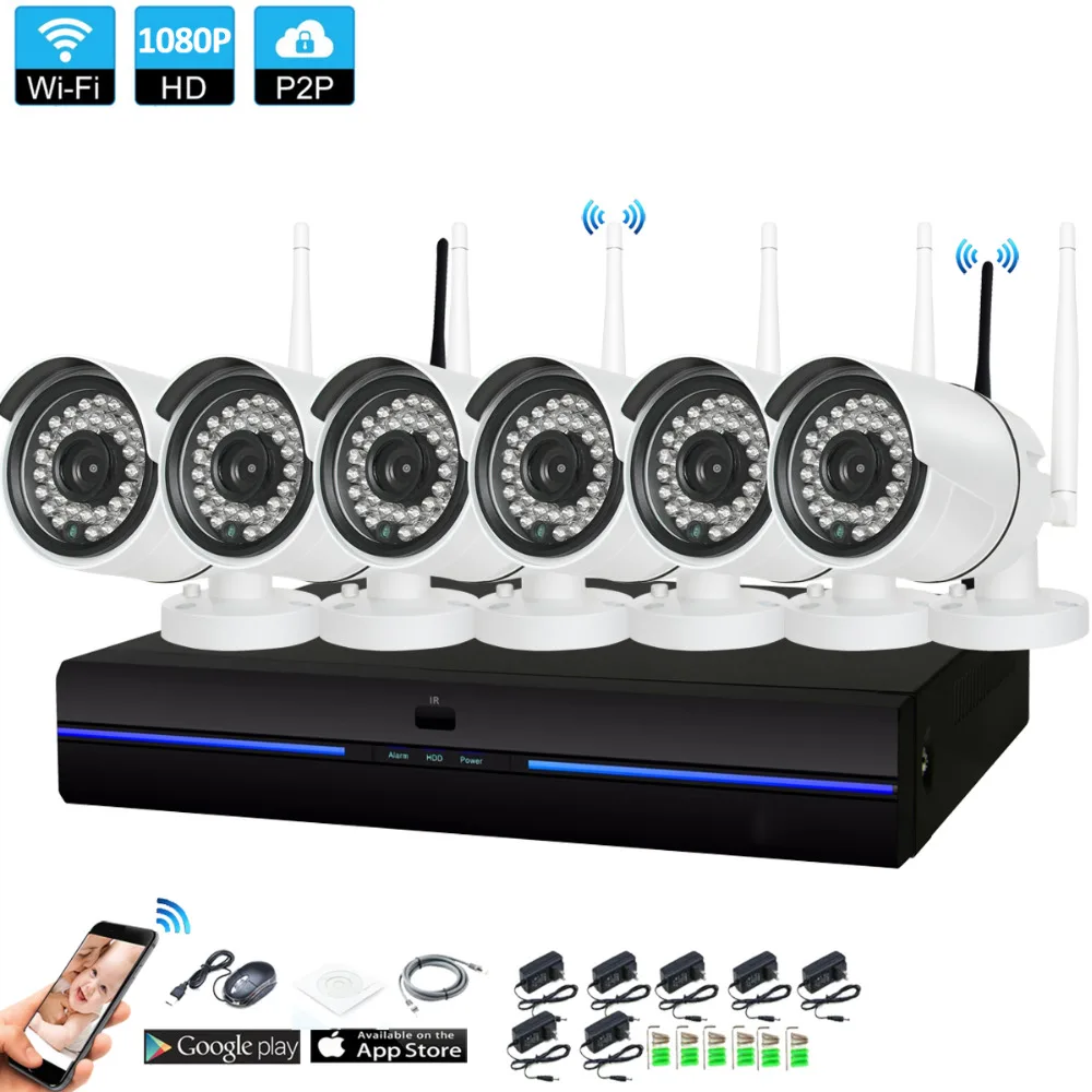 Plug and Play 6CH 1080 P HD Беспроводной NVR Kit P2P внутренний наружный IR Ночное Видение