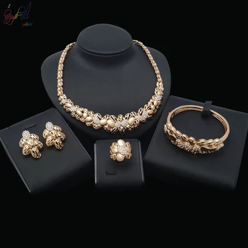 

Yulaili African Gold-color Luxury Jewelry Sets Nigerian Wedding Bridal Rhinestone Necklace Stud Earrings Bracelet Ring for Women