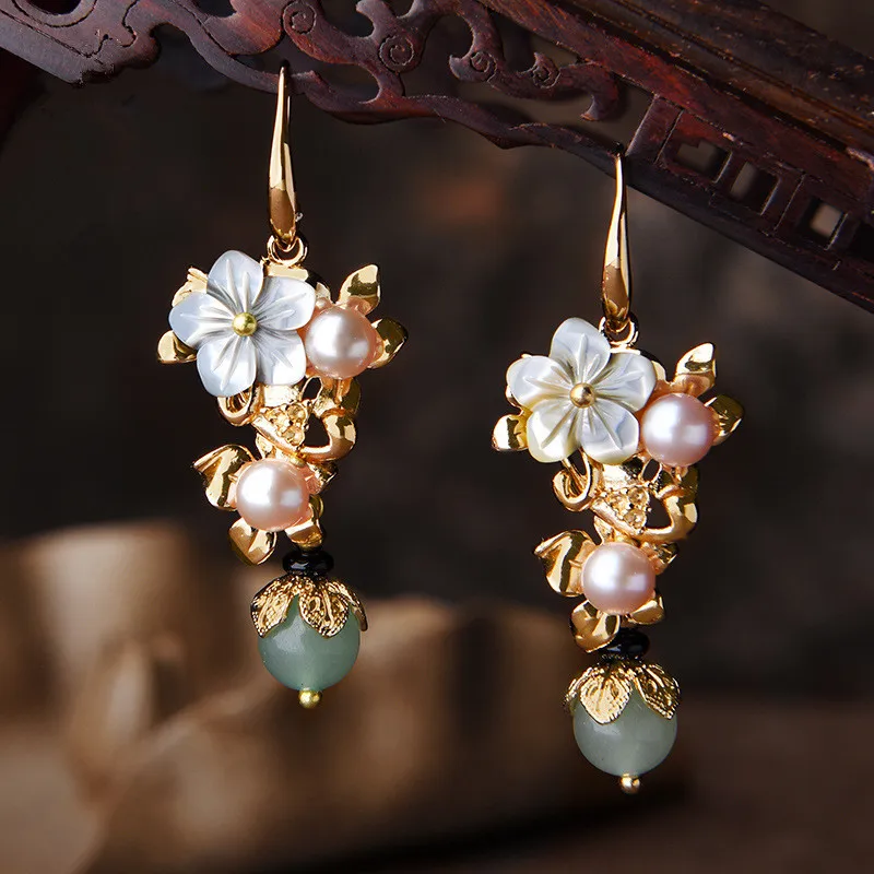 Yesucan Chinese Ethnic Flower Dangle Earrings Vintage Long Freshwater Pearls Leaf Water Drop