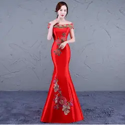 2017 Длинные Cheongsam пикантные современное Ципао платье Красный Русалка Китайская традиционная одежда Платья для вечеринок халат Orientale