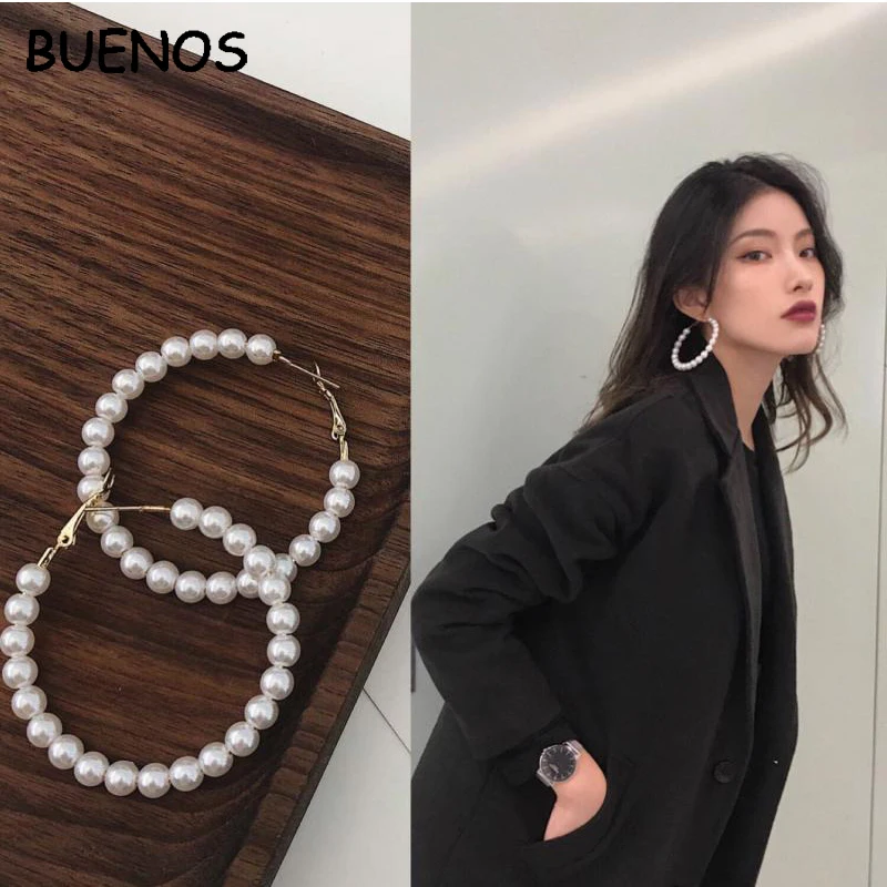 

Buenos Trendy 4CM-6CM Pearl Hoop Earrings for Women 2019 Exaggerated Large Pearl Big Circle Ear Rings Earrings Fashion Jewelry