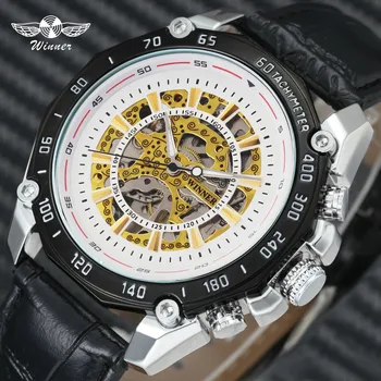 

WINNER Military Sports Automatic Mechanical Leather Strap Hollow Dial Creative Design Steampunk Top Brand Luxury Wristwatches