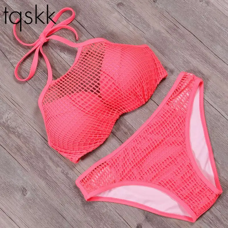 

TQSKK 2019 New Sexy Mesh Bikini Plaid Retro High Neck Women Solid Swimsuit Bandage Female Underwire Halter Swimwear Bath Suits