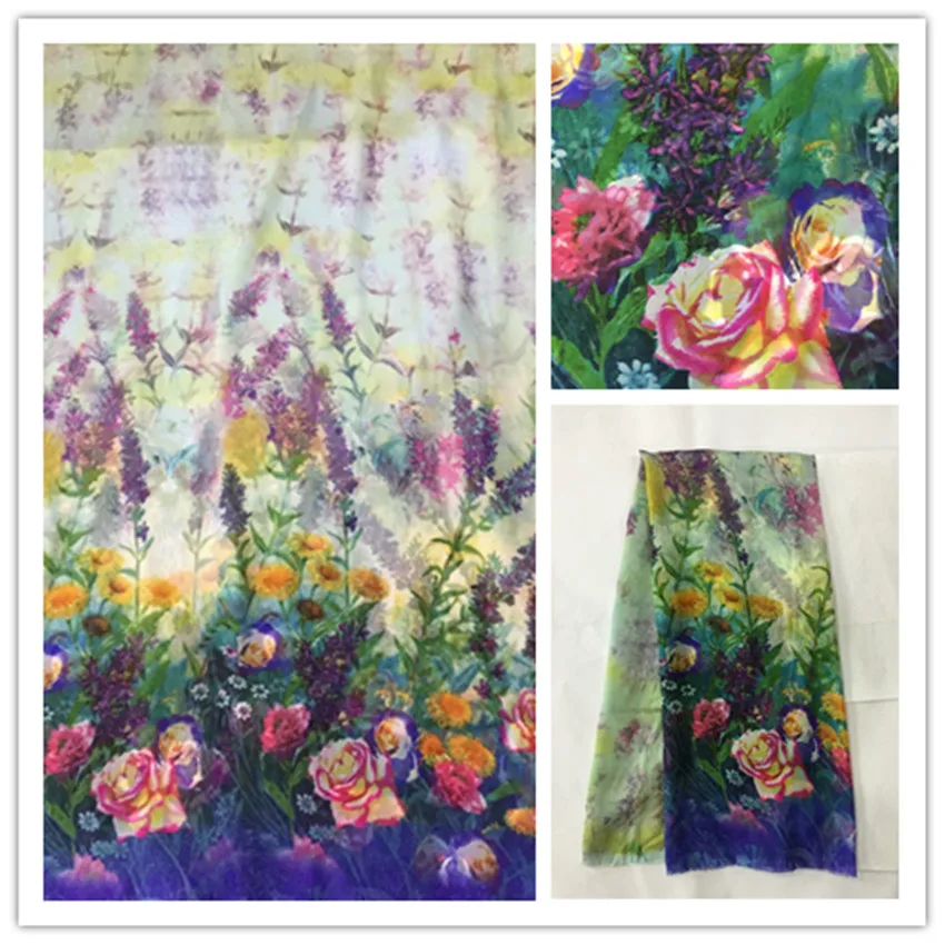 

140cm Thin 100%Pure Natural Mulberry Silk Chiffon Digital Printed Blue Fabric Material Textile Sew Women Dress Scarf Cloth DS29