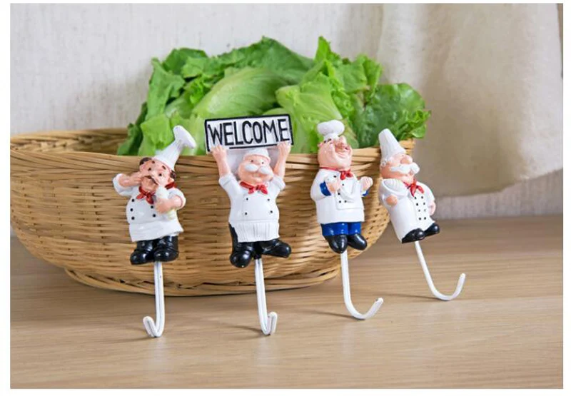 Resin Stainless Steel Hook Creative Wall Decoration Glue No Trace Hook Kitchen Bathroom Cute Chef Shape Strong Key Hooks (7)