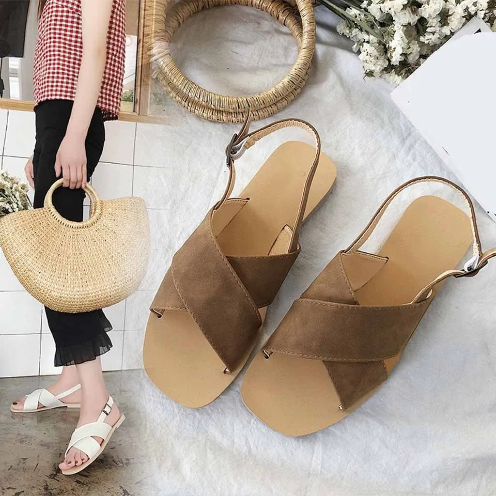 

Summer Shoes Women Vintage Sandal Leisure Cross Buckle Beach Sandals Square Head Open Toe Fish Mouth Flat Shoes chaussures femme