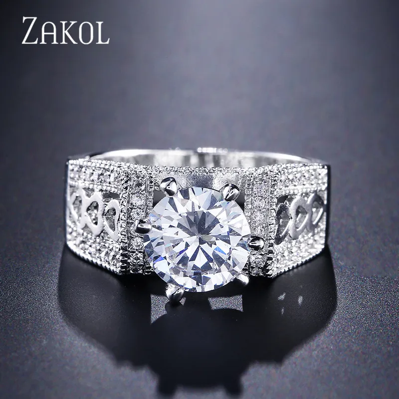 

ZAKOL AAA Big Round Zircon Stone Finger Rings Fashion White Color Crystal Ring Jewelry For Women Men Wedding Gift FSRP236