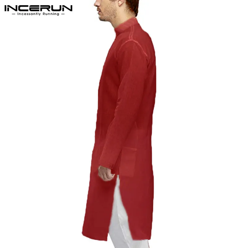 INCERUN, индийская рубашка с длинным рукавом, мужская хлопковая однотонная Повседневная Длинная рубашка со стоячим воротником, Мужская мусульманская одежда, топы размера плюс 5XL