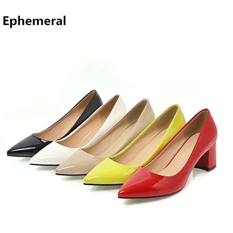 

Ladies OL Pumps Pointed toe Zapatos Mujer Square Heel Patent Leather Slip-Ons Spring High Heels Shoes Green Black Red Size 43 34