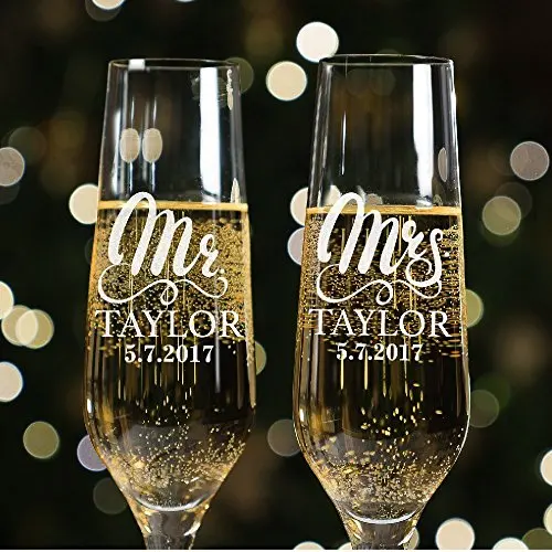 Set of 2 Mr. Mrs. Wedding Champagne Flutes Personalized Champagne Flute