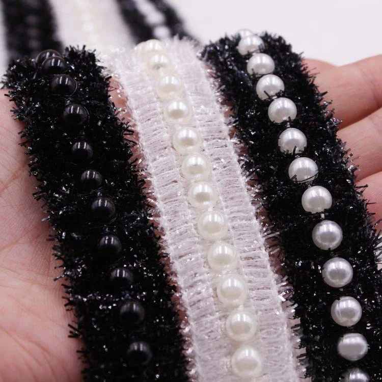 

50Yards Garment Sewing Accessories Beaded Lace Trim Fabric Black White Pearl Applique Braided Lace Ribbon Trim For Wedding Dress