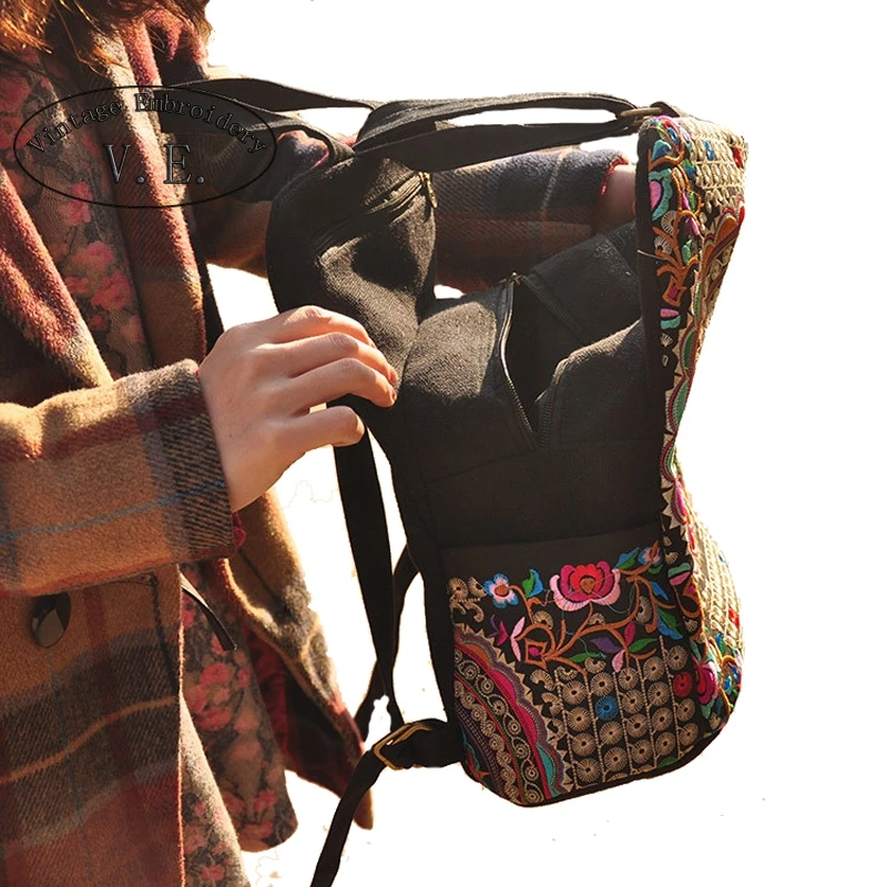Mochila de lona étnica bordada Vintage para mujer hecha a mano con flores bordadas bolsas de viaje Mochila