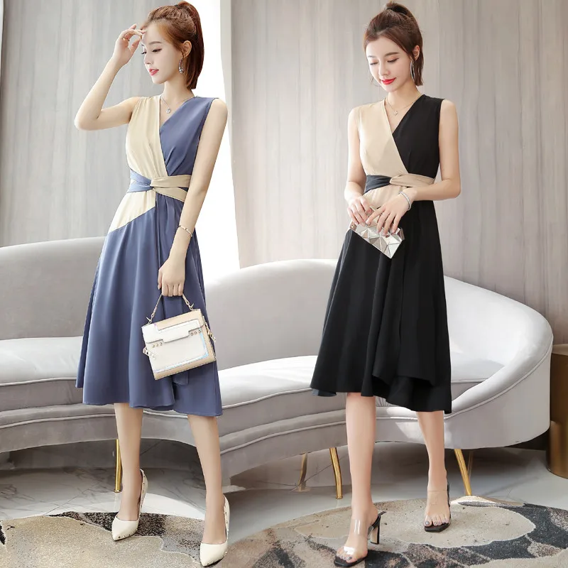 

Summer Dress Casual Contrast Color Swing V-Neck Sleeveless Tie Waist Slim High Quality Office Summer Clothes For Women