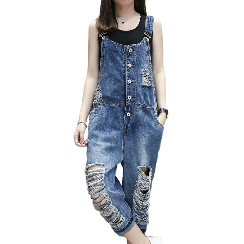 

2019 Spring Female Large Size Pants Women Summer Loose Hole Denim Jumpsuit Female Fashion Cropped Jeans Wide Leg Pants Feminino