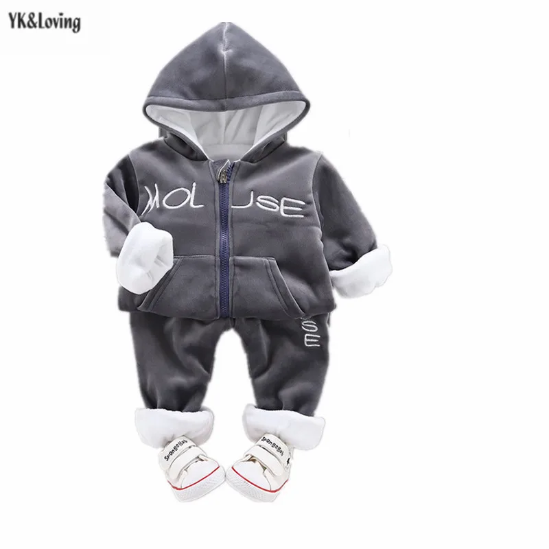 

Boys Clothes Velvet Autumn Hooded Funny Letter Printed Toddler Outfits Warm Fur Inside Winter Kids Clothes Grey Red 3-6Y